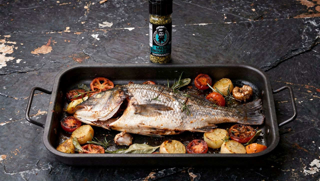 Peixe assado com legumes e Salsa, Cebola e Alho